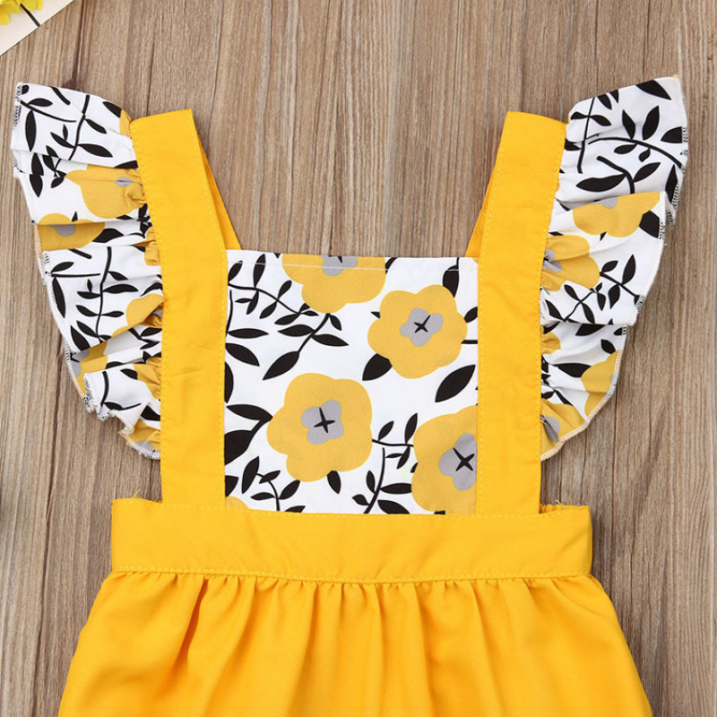Factory Supply Square Collar Yellow Floral Baby Girls' Ruffle Rompers Baby Girl Romper Baby Clothes Newborn