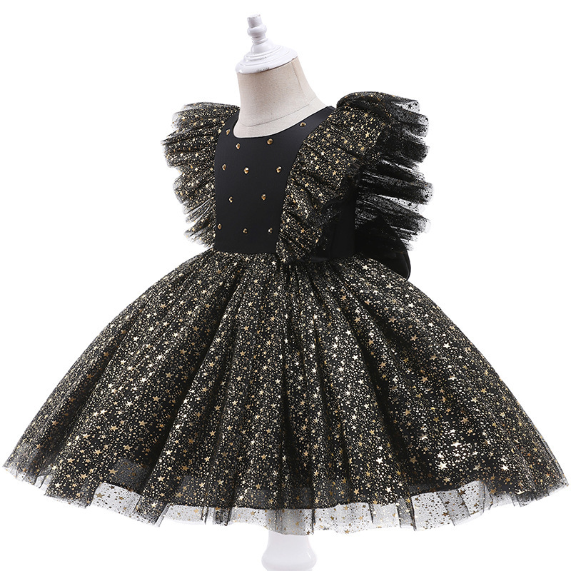 Conyson Chirsmas Hot Sale Tulle Skirt Big Glitter Flying Sleeves Bubble Skirt Baby Girls With Bow Embellish Shining Tutu Dress
