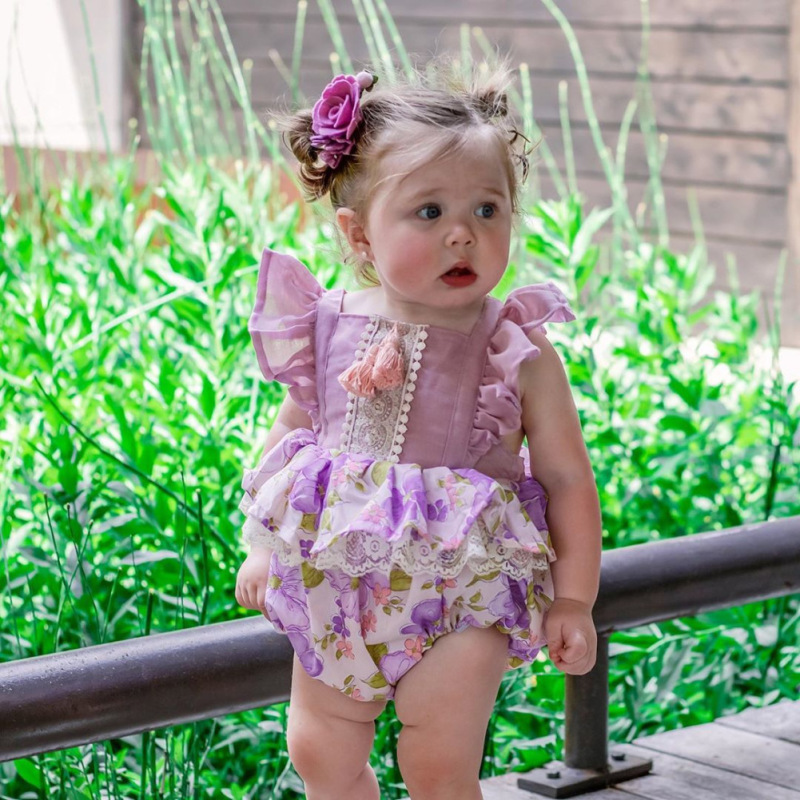 Conyson Hot Sale New Designer European Kids Clothes Princess Sleeveless Jumpsuit Flower Print Hairball Lace Baby Girls Rompers