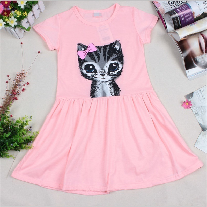 Hot Sale Summer Kids Girl Dress Cat Print Grey Pink Children Best Selling Fashion Summer Clothing Short Sleeve Cat Printed Dress