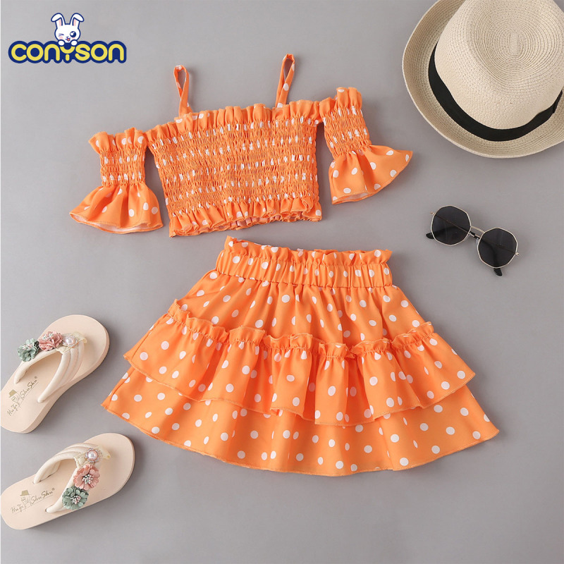 Conyson Hot Sale Summer Girls Printed Beach Fashion Halter Cake Children Dot Kids Clothing Skirt Set for 2-7 Years Girls