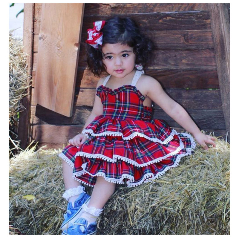 Conyson Red Plaid Print Lace Girls Dresses Tutu Party Camisole Suspender Dress Summer Sleeveless Princess Dress Baby Girl Outfit