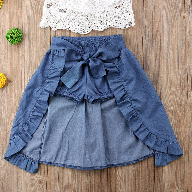 Conyson Wholesale Fashion Summer Children's Girls Clothes Suits Lace High Waist Top Denim Shorts Skirts 3 Pieces Elegance Sets
