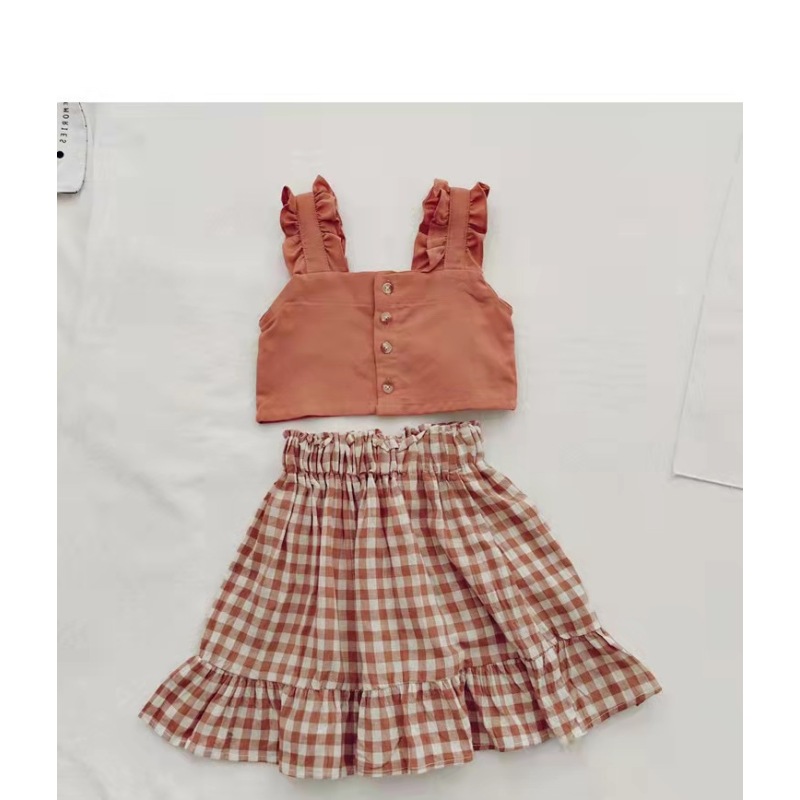 Conyson New Designer Hot Sale Suspenders Solid Top Plaid Skirt Kids casual Summer 2Pcs Short Set Little Girls