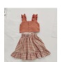 Conyson New Designer Hot Sale Suspenders Solid Top Plaid Skirt Kids casual Summer 2Pcs Short Set Little Girls