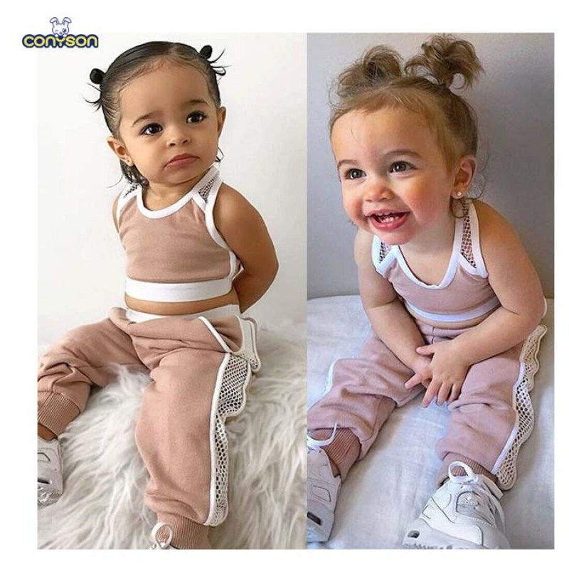 Conyson Summer Pink Sports Vest+Long Pants Casual  Outfits Set O-Neck Sleeveless Solid Little Girls 2 pcs Tracksuit