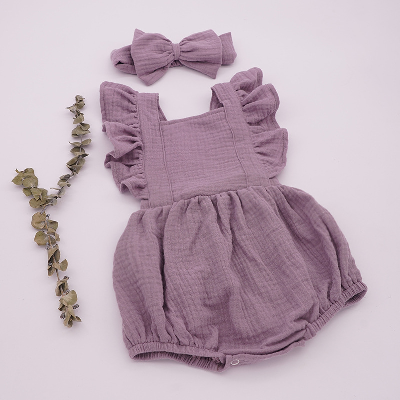 Conyson Hot Sale Summer Sleeveless Jumpsuit With Headband 2Pcs Sets Sweet 100% Cotton Baby Girl Rompers
