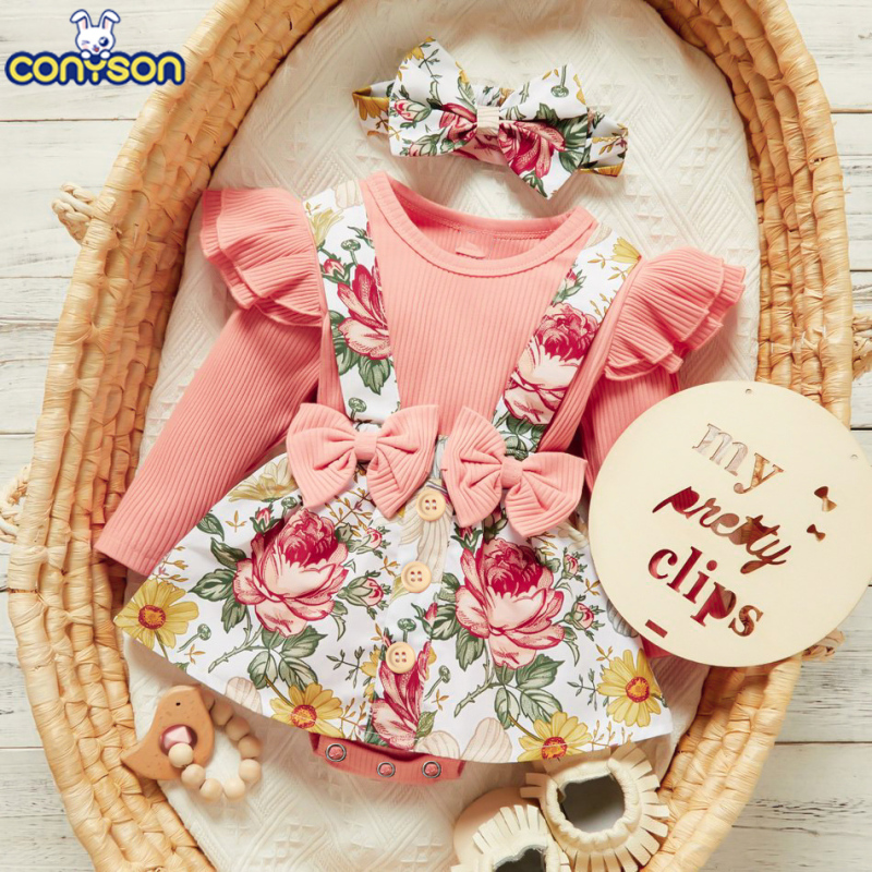 Conyson Hot Sale Kids Summer Clothing Sets Floral Pattern Baby Girl Jumpsuit Bow Strap Skirt with Headband 2Pcs Clothing Sets
