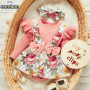 Conyson Hot Sale Kids Summer Clothing Sets Floral Pattern Baby Girl Jumpsuit Bow Strap Skirt with Headband 2Pcs Clothing Sets