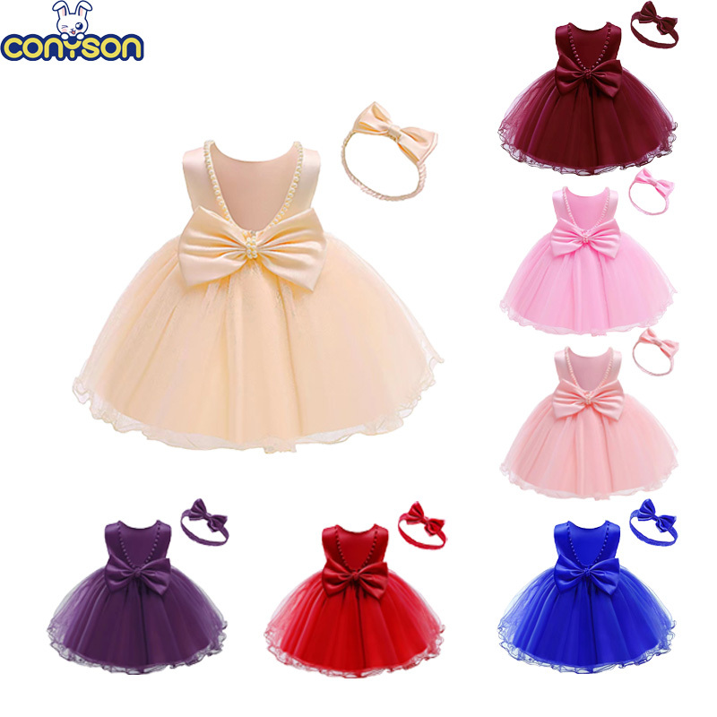 Conyson Hot Wholesale 3-8 Years Old Polyester And Cotton Sweet Style With Head band Little Kids Bowknot Ball Gown Girls Dresses