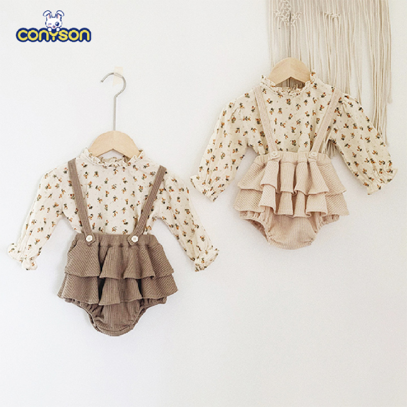 Conyson Vintage Baby Girl Casual Clothing Sets Spring Cotton Floral Blouse Shirt Romper Dress Newborn Baby Girl Clothes Sets