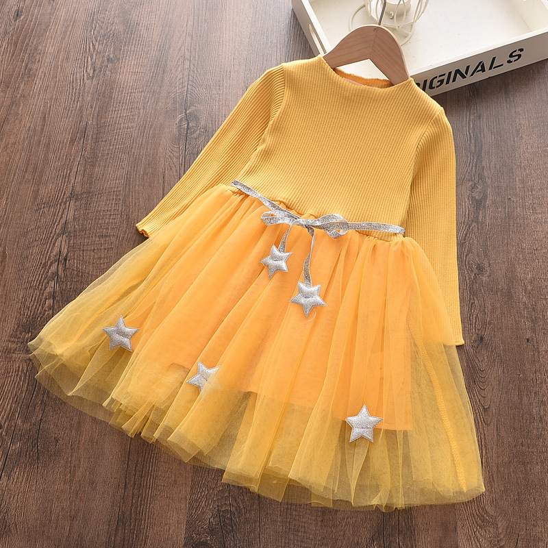 Manufacturers Selling Custom New Long-sleeve Tethers Girl Mesh Dress With Stars For Girls