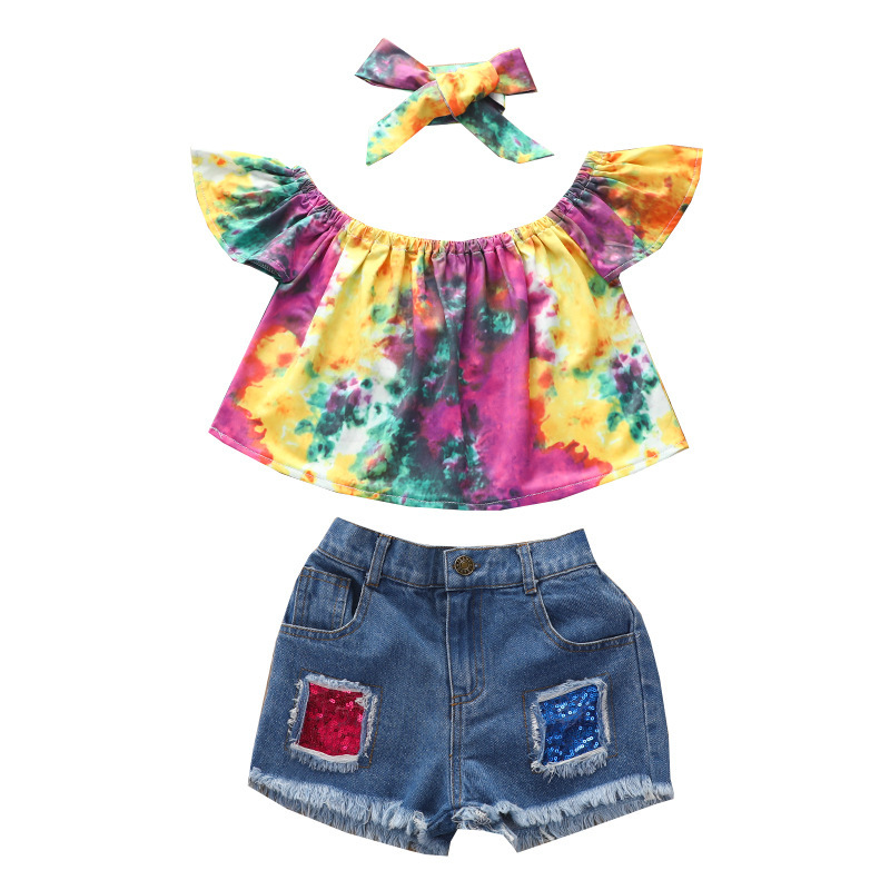 Conyson Wholesale Hot Sale Summer Kids Clothes Tie-dyed Print Fantasy Short Sleeve Pullover Denim Shorts Headband 3pcs Sets Kids