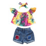 Conyson Wholesale Hot Sale Summer Kids Clothes Tie-dyed Print Fantasy Short Sleeve Pullover Denim Shorts Headband 3pcs Sets Kids