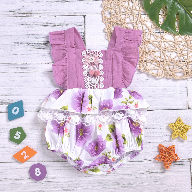 Conyson Hot Sale New Designer European Kids Clothes Princess Sleeveless Jumpsuit Flower Print Hairball Lace Baby Girls Rompers