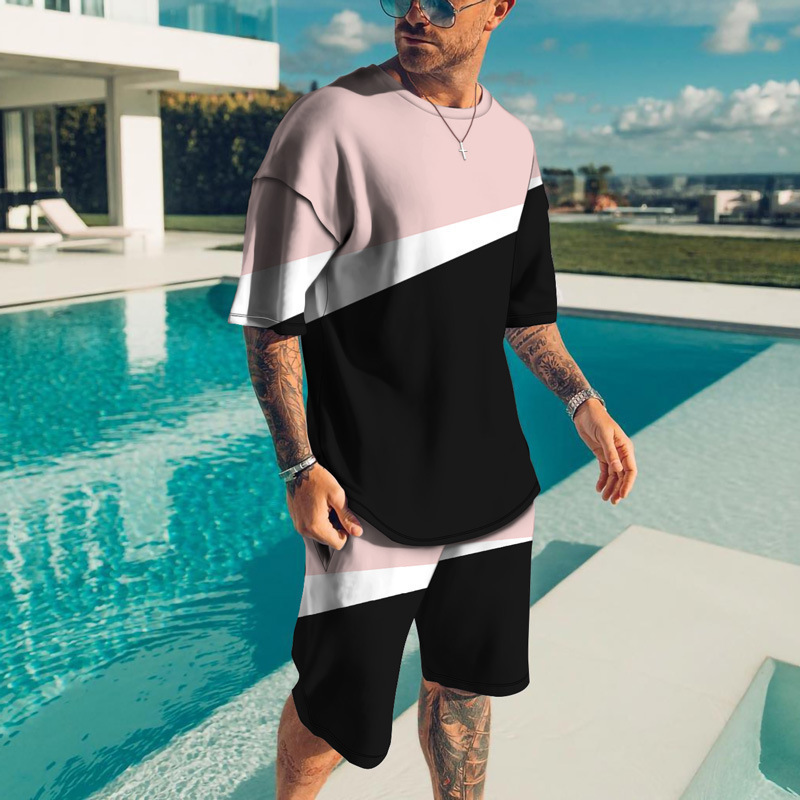 hot sale rts summer Custom logo Made Outdoor men jogger Clothes suit patchwork color clothing two-piece adult t-shirt short Set