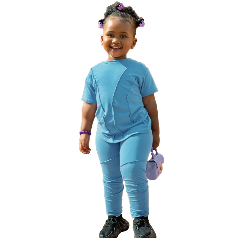 Conyson summer Baby Girls T-shirt Cotton Ruched Stacked Legging Pants Two-piece Suit Kids Girl Stacked Leggings Set