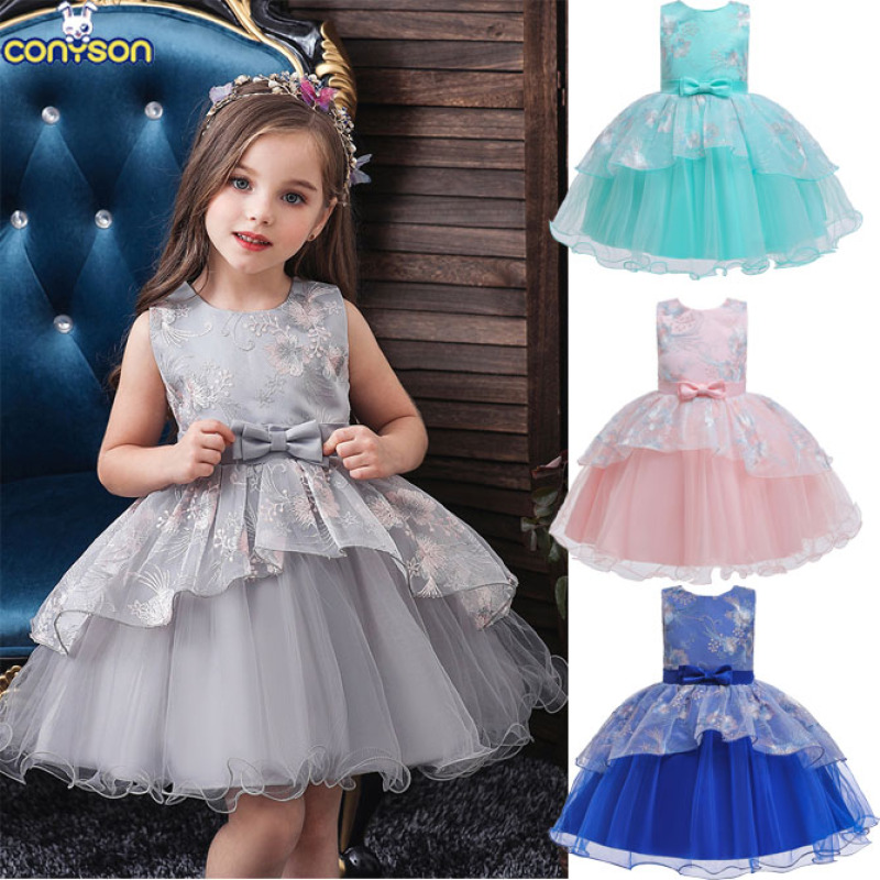 Conyson New Girl's Birthday leisure Party sleeveless Dresses Girls Summer casual Dresses Kid Girls satin lace Pattern Bow Dress