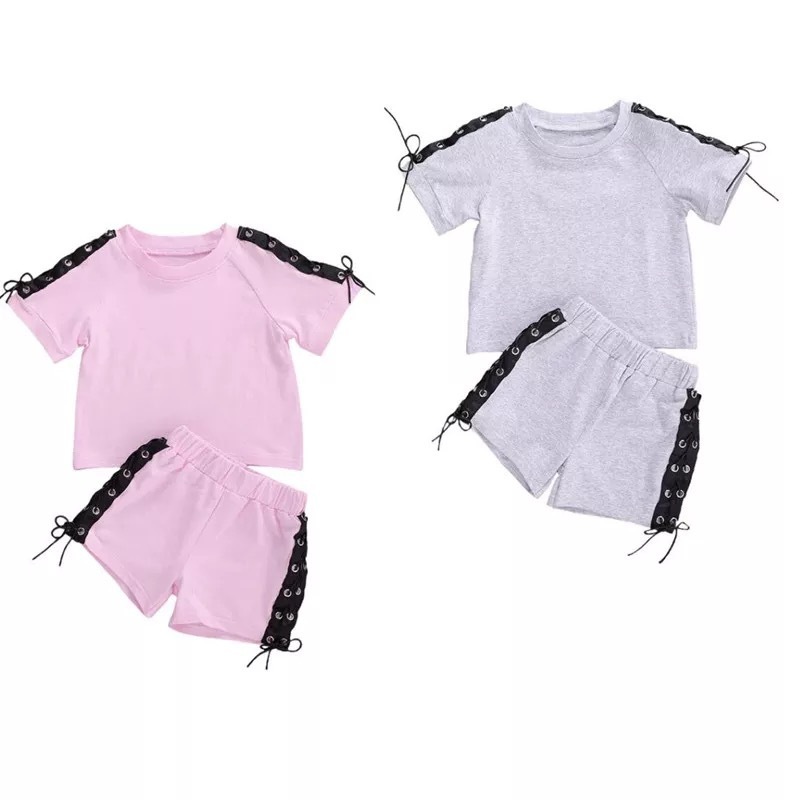 Conyson Wholesale Hot New Kids Clothes Children Summer Baby Little Girls Short Sleeves T-shirt Shorts String Design Clothing Set