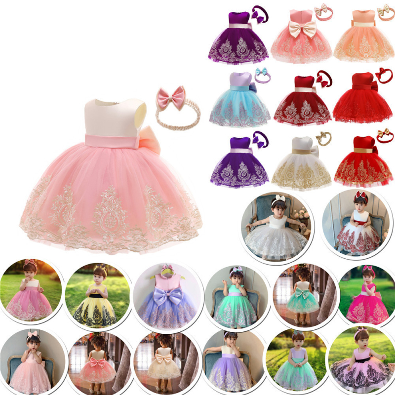 Wholesale Lace Bow Flower Girl Dress Party Wedding Birthday Kids Clothes Elegant Baby Girl Dress sleeveless frock