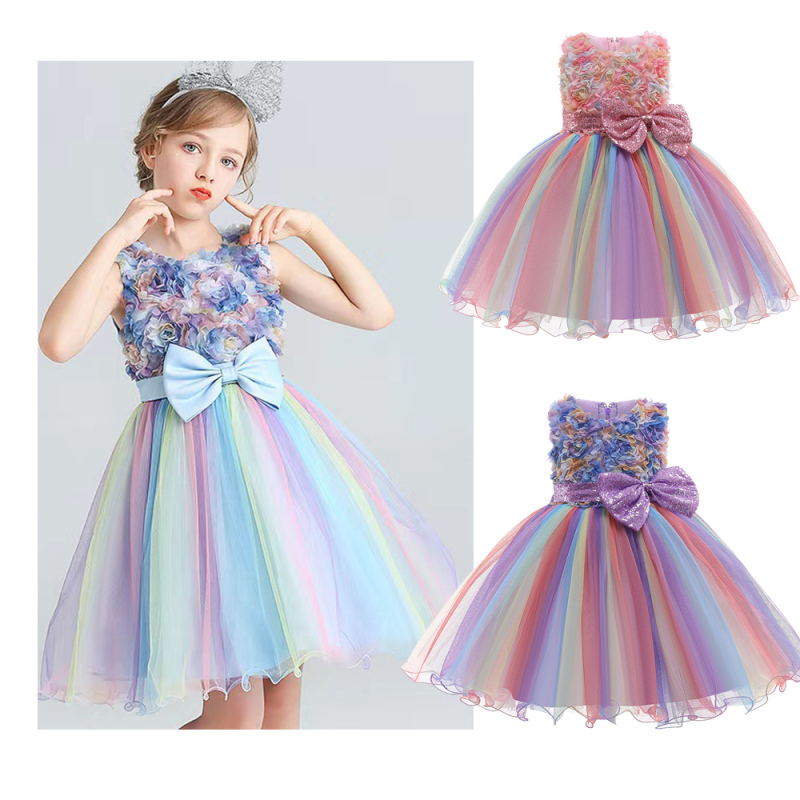 Conyson Wholesale Princess Kids Girls Party Dress 3 Colors Lace Flowers Sleeveless Sequined Big Bow Tutu Sundress Layered Skirt