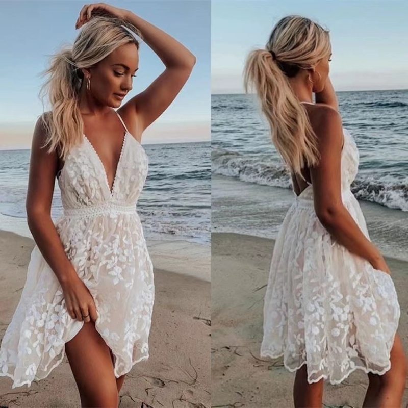 Conyson Hot Wholesale New Women Lady Girls Summer Lace Gallus Dresses V-Neck Casual Beach Holiday Loose Trendy Women's Dresses