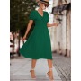 Conyson Hot Wholesale Stock Lots Spring Summer Ruffled Puff Sleeve Kink Polyester Solid V-Neck Fashion Women Elegant Dress