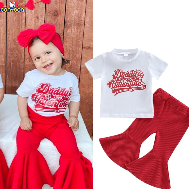 Conyson Summer Pants Outfit Kids Tracksuit Suit Cheap Summer Wholesale Children Print Flared 2 Pieces Girls Clothing set