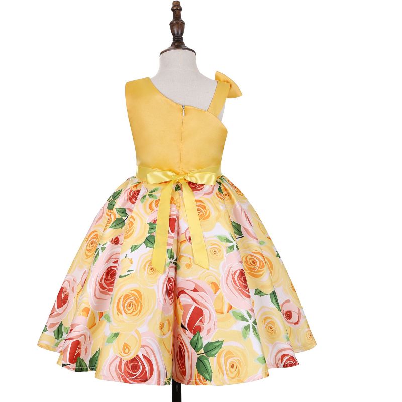 Fashion A-Line Sleeveless Polyester Floral Kids Summer Girl Party Boutique Dress Yellow