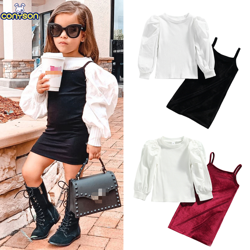 Conyson New Spring New Arrival Girls Fashion 2 Pieces Solid Long Puff Sleeve Knit T Shirts+Velvet Straight Suspender Dress
