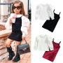 Conyson New Spring New Arrival Girls Fashion 2 Pieces Solid Long Puff Sleeve Knit T Shirts+Velvet Straight Suspender Dress