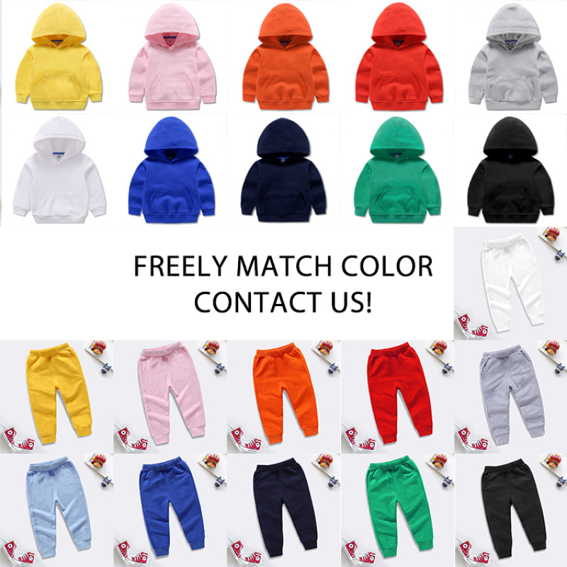 Conyson Cotton Lovely Children Plain Solid Color 2pcs Set Fashion Custom wholesale hoodies LOGO Tracksuit Child Clothing Set