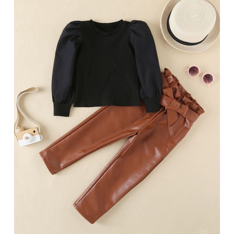 Conyson White Long Sleeve Pullover Baggy Sweats Ruffle Square Collar Leather Pure Color baby girls Long Pants Girl 2Pcs Suit