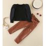 Conyson White Long Sleeve Pullover Baggy Sweats Ruffle Square Collar Leather Pure Color baby girls Long Pants Girl 2Pcs Suit