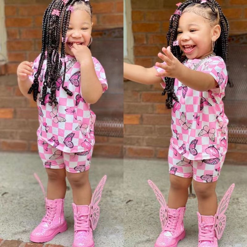 Conyson Baby Girls Cute Butterfly Print Suit Short Biker Leopard Print Summer Clothing Set Outfits For Kids Designer Clothes