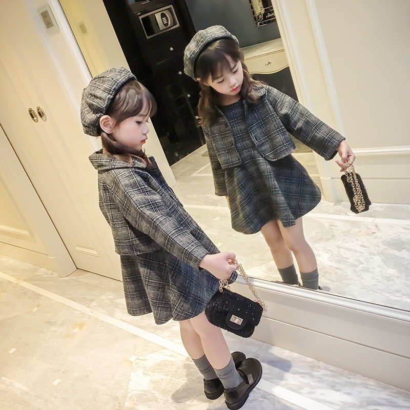 New Hot-selling Kid Plaid Set Autumn winter girls Dress And Cardigan Set 3pcs girls clothing sets
