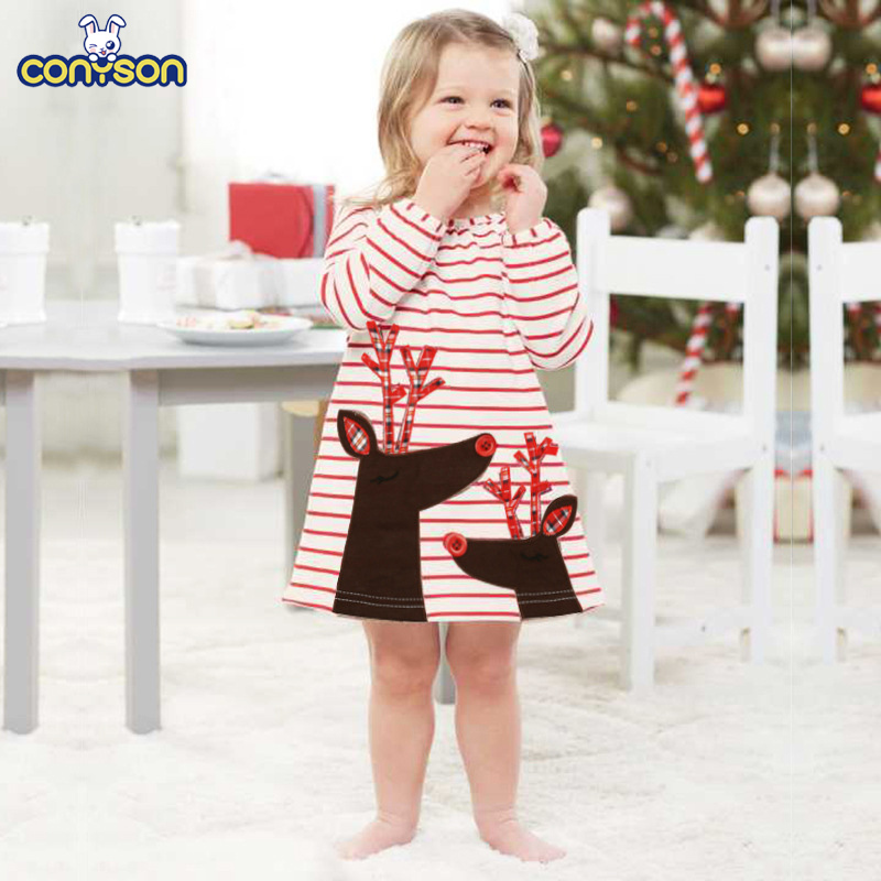 Conyson Hot Sale Sweet Autumn Winter Christmas Long Sleeves Infant Skirt Pure Cotton Baby Santa's New Year Girl's Striped Dress