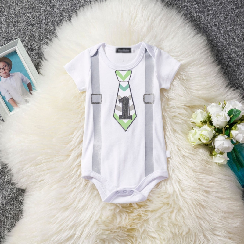Conyson Summer Short Sleeve Gentleman Bowknot 12 Months Boy Outfits First Birthday Party Toddler Baby Boys Printed Rompers