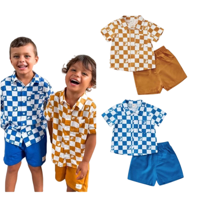 Conyson Summer Casual Kids Boys Clothes Sets Plaid Printed Short Sleeve Single Breasted Shirts+Shorts Patchwork Children Outfit