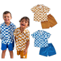 Conyson Summer Casual Kids Boys Clothes Sets Plaid Printed Short Sleeve Single Breasted Shirts+Shorts Patchwork Children Outfit