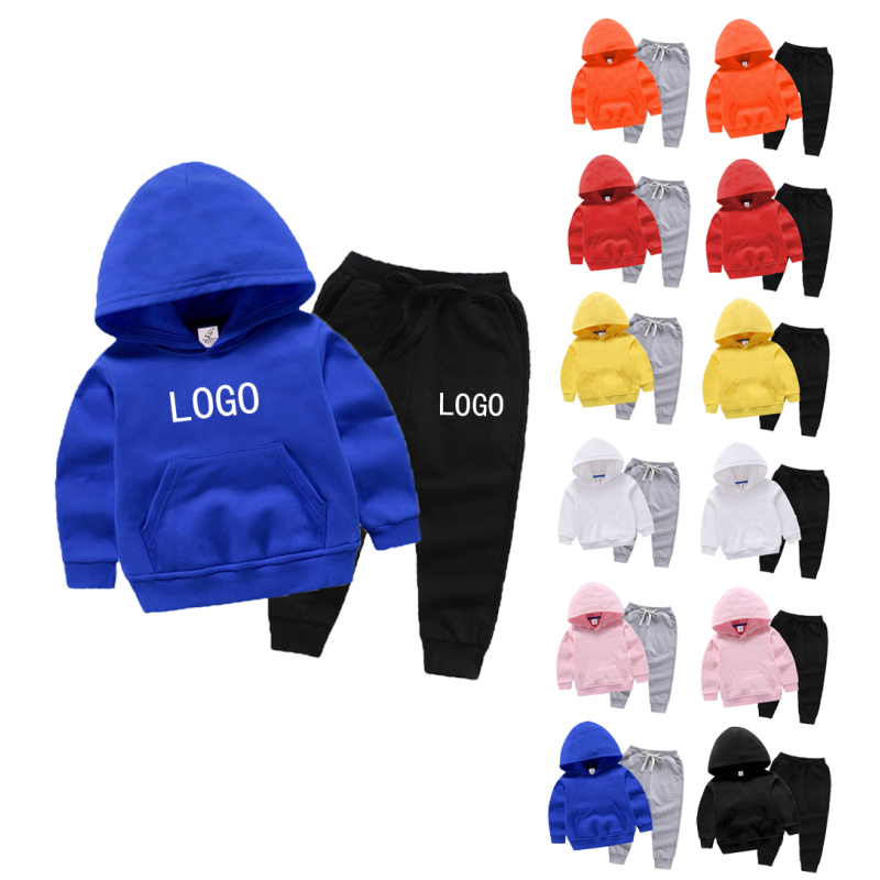 Conyson Cotton Lovely Children Plain Solid Color 2pcs Set Fashion Custom wholesale hoodies LOGO Tracksuit Child Clothing Set