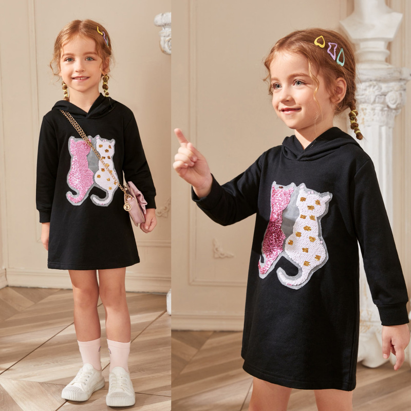 Conyson Hot Sale Sweet Girls Clothes Dresses Spring Autumn Long Sleeve Sequin Embroidery Patch Dress Kids Girl Hoodies Dress