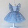Conyson Chirsmas Hot Sale Tulle Skirt Big Glitter Flying Sleeves Bubble Skirt Baby Girls With Bow Embellish Shining Tutu Dress