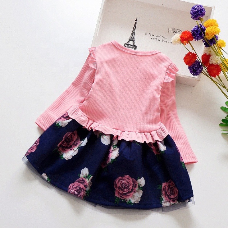 2021 New Girls Casual Little Floral Dresses Cute Bow Baby Girl Fall Clothes Girls Long Sleeve Dress