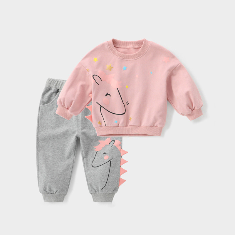 Conyson Fashion New Soft Fabric Cartoon Children's Long Sleeve cotton print rainbow horse Two-piece Winter Clothing Set