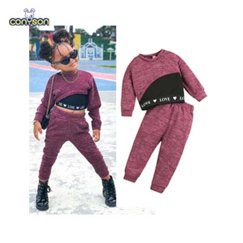 Conyson fashion New Casual Long Sleeve round neck ribbon letter jacket and pants 2pcs Toddler Girls Boutique Outfits set