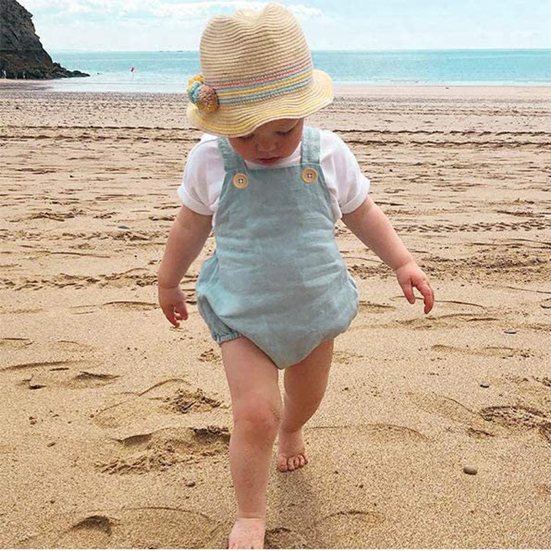 Conyson Wholesale Summer Pure Color Button Short Sleeve Bodysuit Girls Linen Newborn Suspenders Triangle Rompers for Toddlers