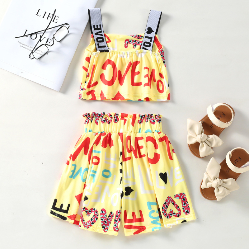 Conyson Wholesale Summer Kids Clothes Baby Little Girls Sleeveless Halter Vest Graffiti Love Letter Print Shorts Casual Outfit