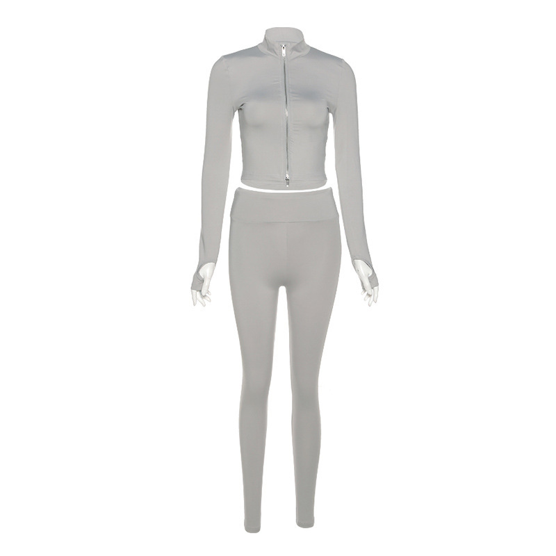 New Design Spring Sexy Women Active Wear Thongs Outfits Women's Set Rib Knit Zipper Bodycon Crop Top Legging 2 Piece Women Set
