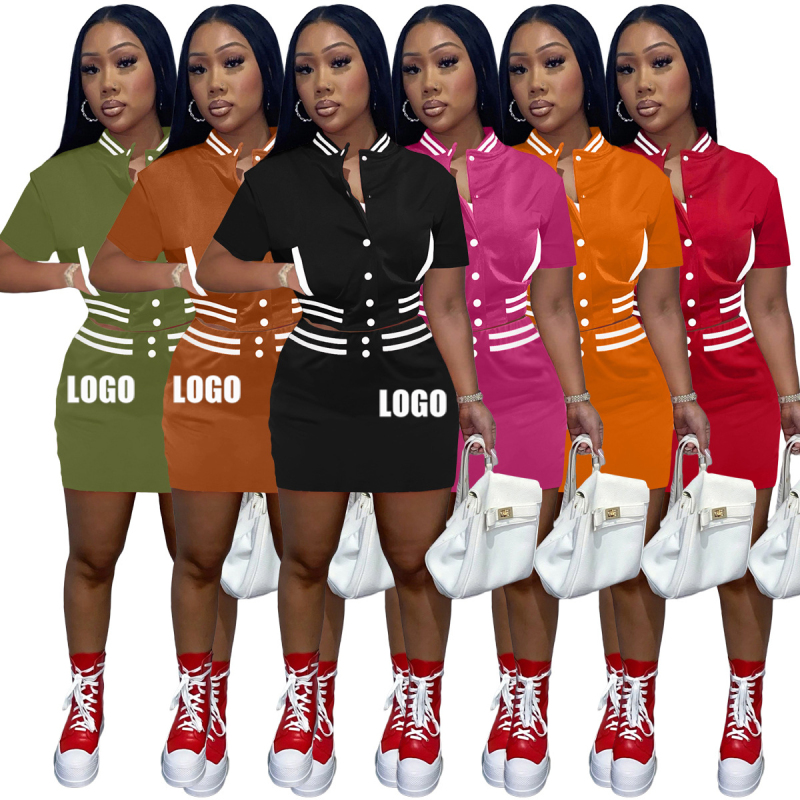 hot sale fashion summer logo Customized women Baseball two pieces jacket Sportswear suit button clothing adult short clothes set